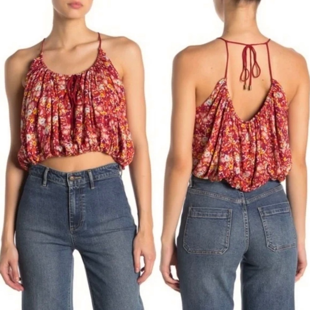 Free People Daisy Babe Crop Top Red Orange Floral Cropped Bubble Tank size small